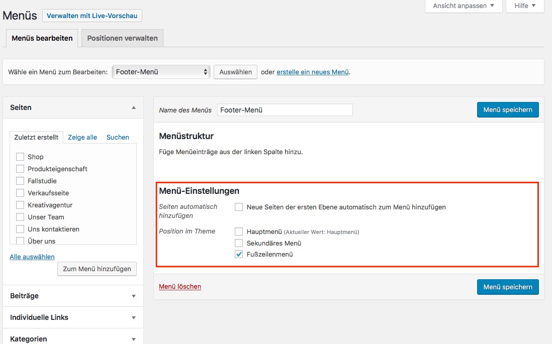 wp menu einstellungen