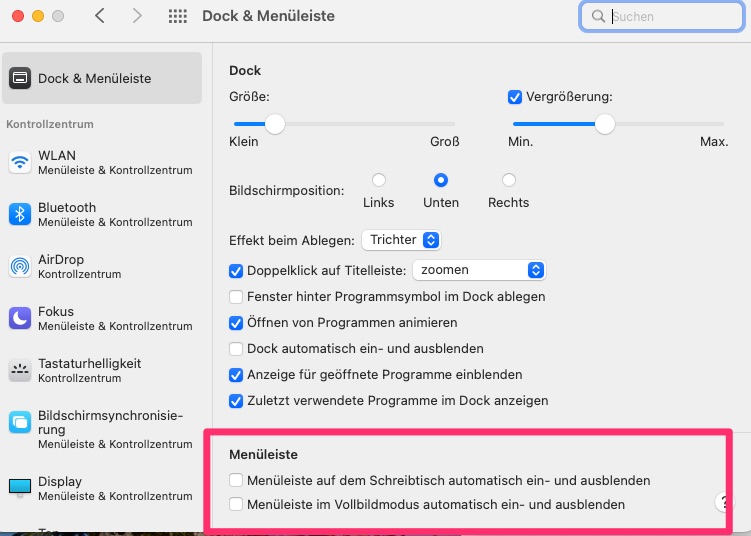 Dock, Menüleiste Mac einblenden - automatisches Ausblenden verhindern