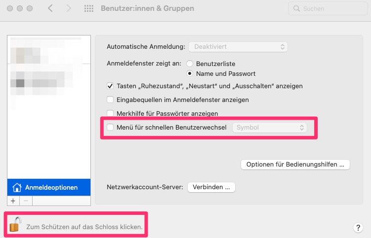 Dock, Menüleiste anzeigen Mac: Schnellen Benutzerwechsel deaktivieren