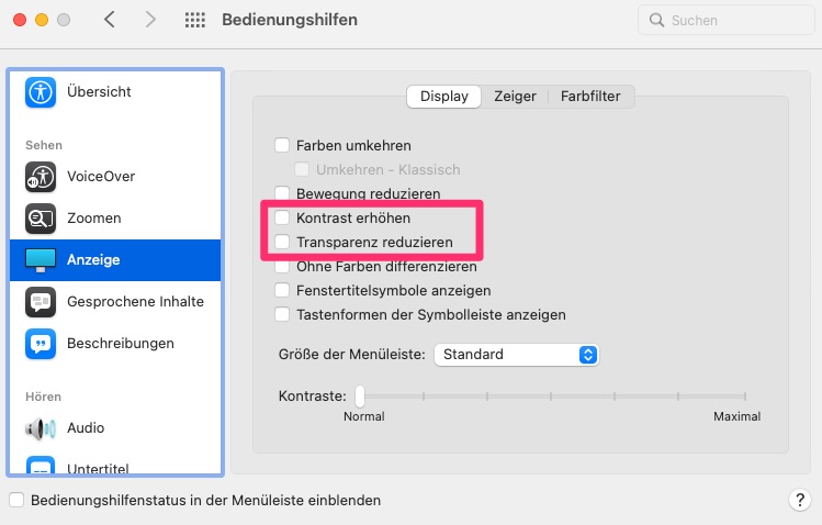 Dock, Menueleiste Mac: Transparenz reduzieren oder mehr Kontrast einstellen